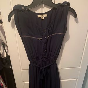 Navy and gold flowy dress with buttons and tie